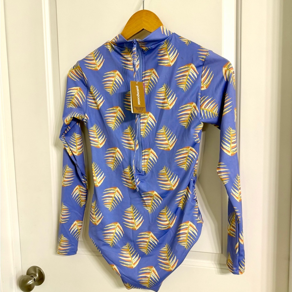 Patagonia 🩵Great Ocean Day 🩵Blue Long-Sleeve One-Piece Swimsuit with Yellow Leaf